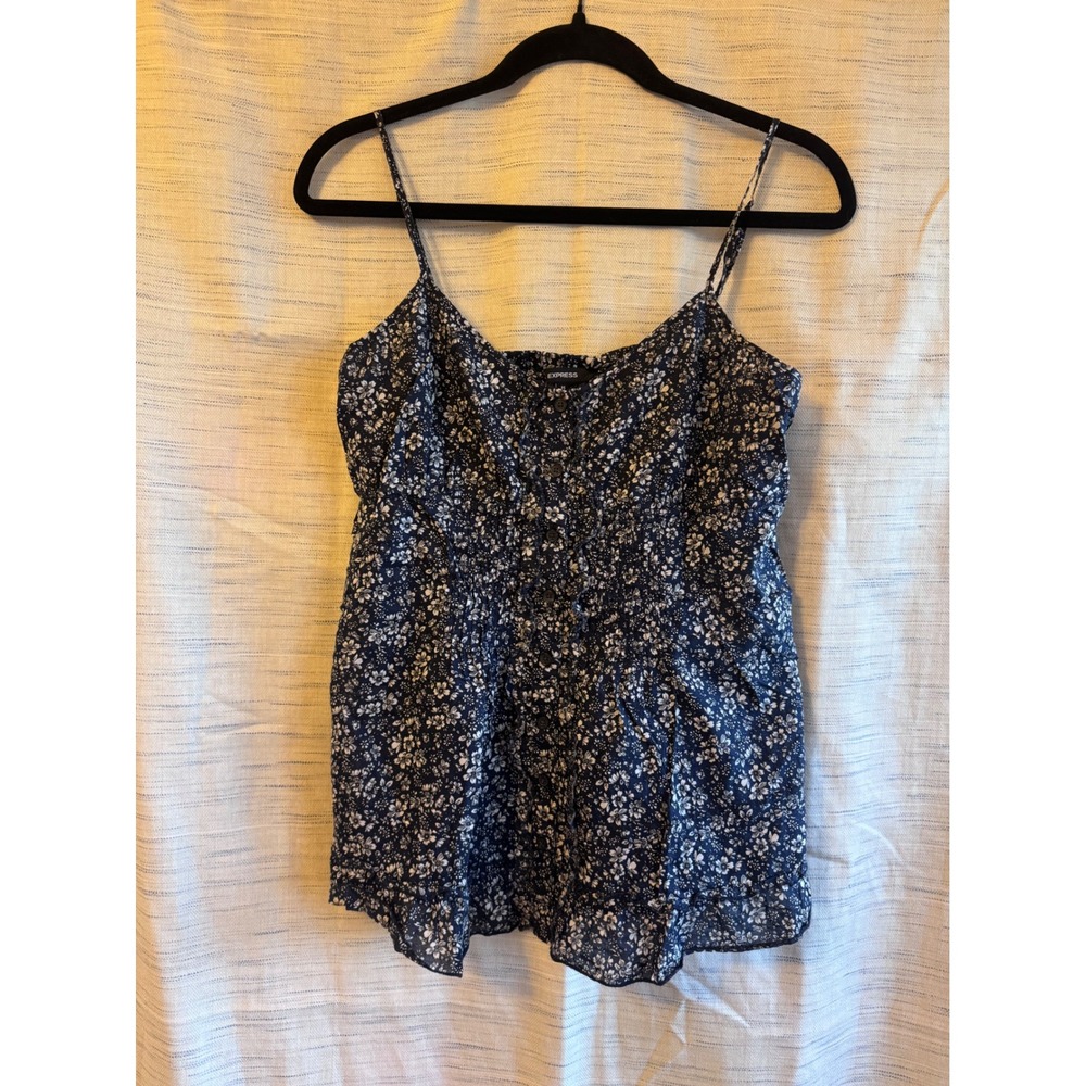 Express Navy Blue Floral Ditsy Print Button Front Ruffle Camisole Top Medium
